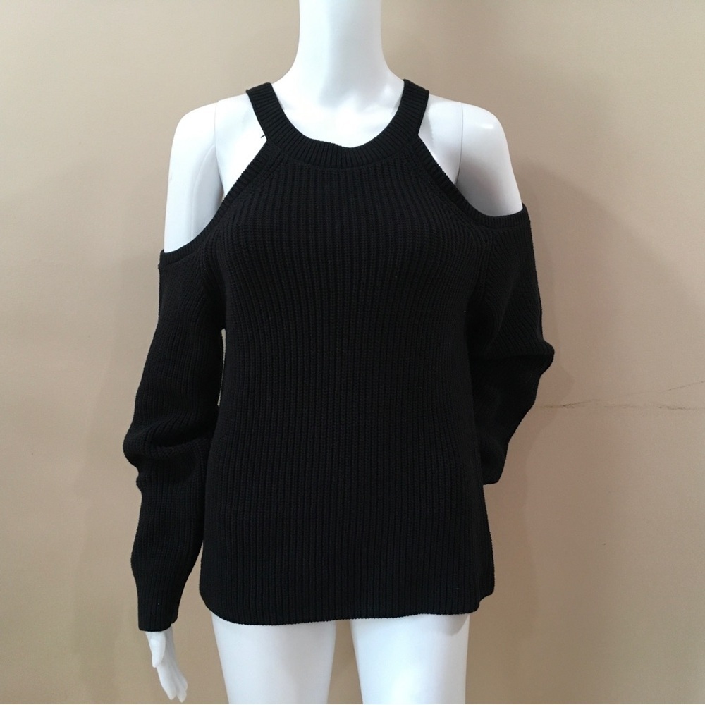 1.State Womens Medium Ribbed Cold Shoulder Knit Sweater Top Black Long Sleeve